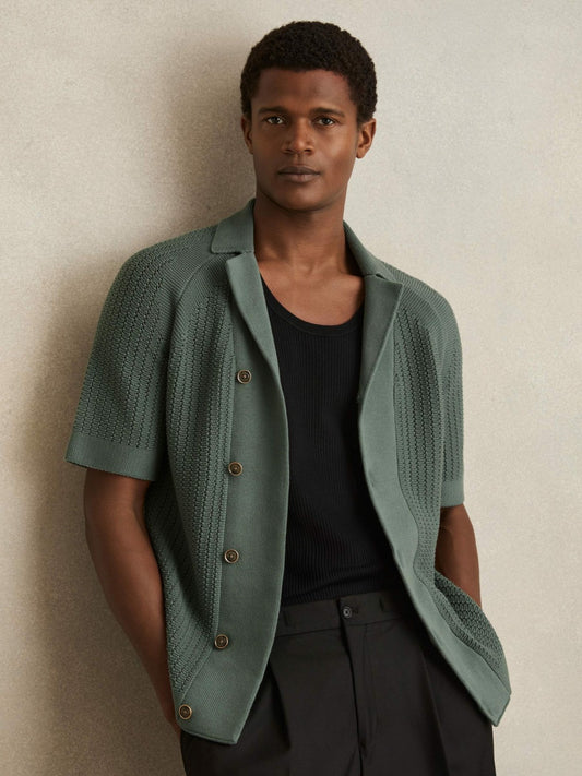 Cotton Textured-Knit Cuban-Collar Shirt in Pine Green Men | Reiss