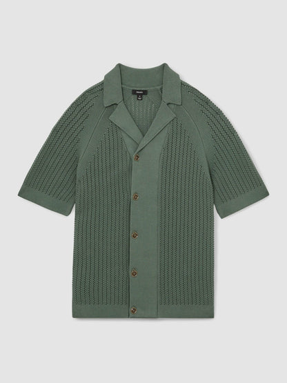 Cotton Textured-Knit Cuban-Collar Shirt in Pine Green Men | Reiss