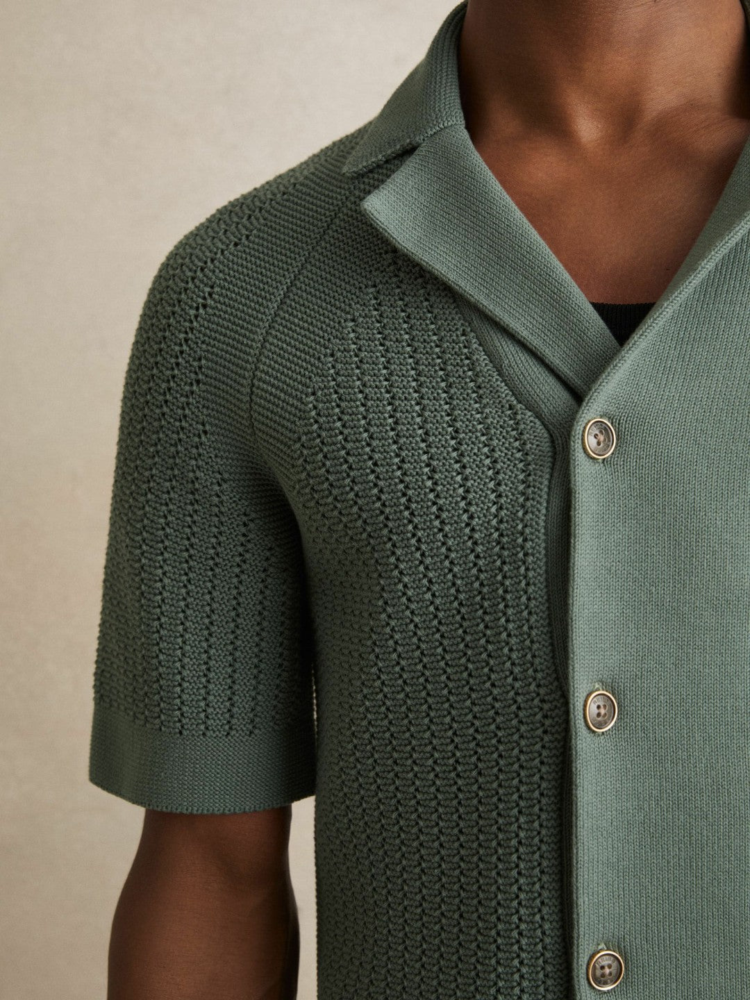 Cotton Textured-Knit Cuban-Collar Shirt in Pine Green Men | Reiss