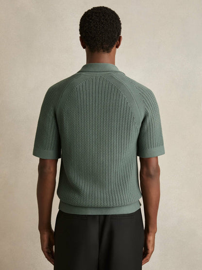 Cotton Textured-Knit Cuban-Collar Shirt in Pine Green Men | Reiss
