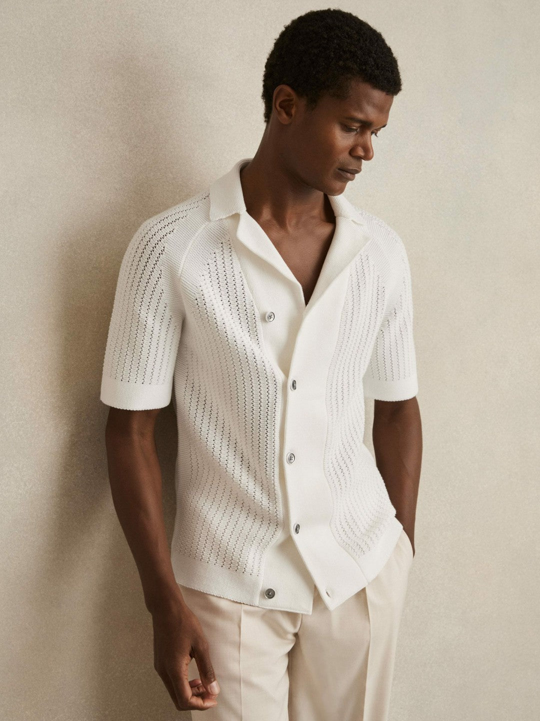 Cotton Textured-Knit Cuban-Collar Shirt in White Men | Reiss