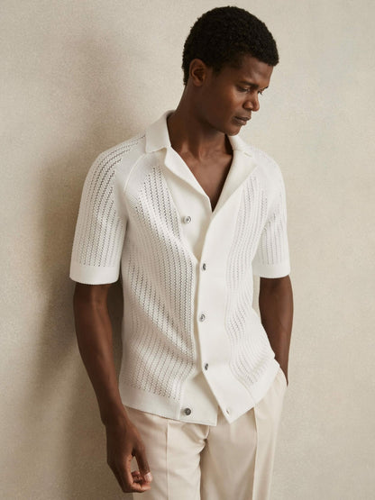 Cotton Textured-Knit Cuban-Collar Shirt in White Men | Reiss