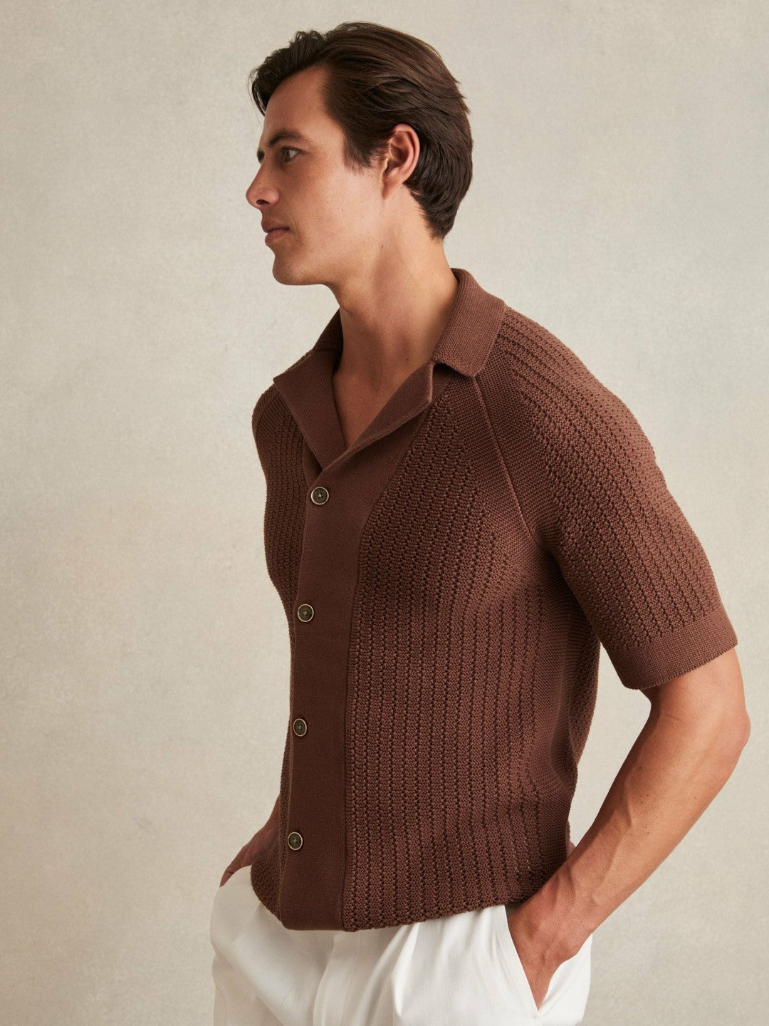 Cotton Textured-Knit Cuban-Collar Shirt in Tobacco Brown Men | Reiss