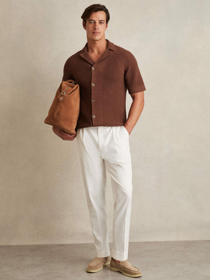 Cotton Textured-Knit Cuban-Collar Shirt in Tobacco Brown Men | Reiss