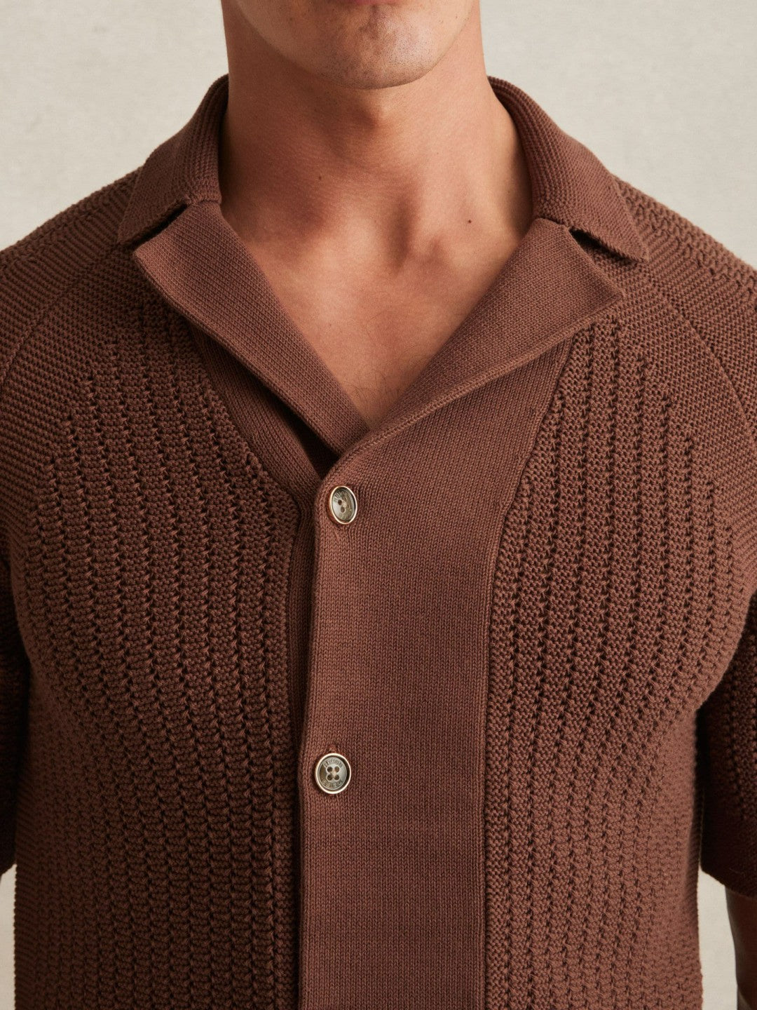 Cotton Textured-Knit Cuban-Collar Shirt in Tobacco Brown Men | Reiss