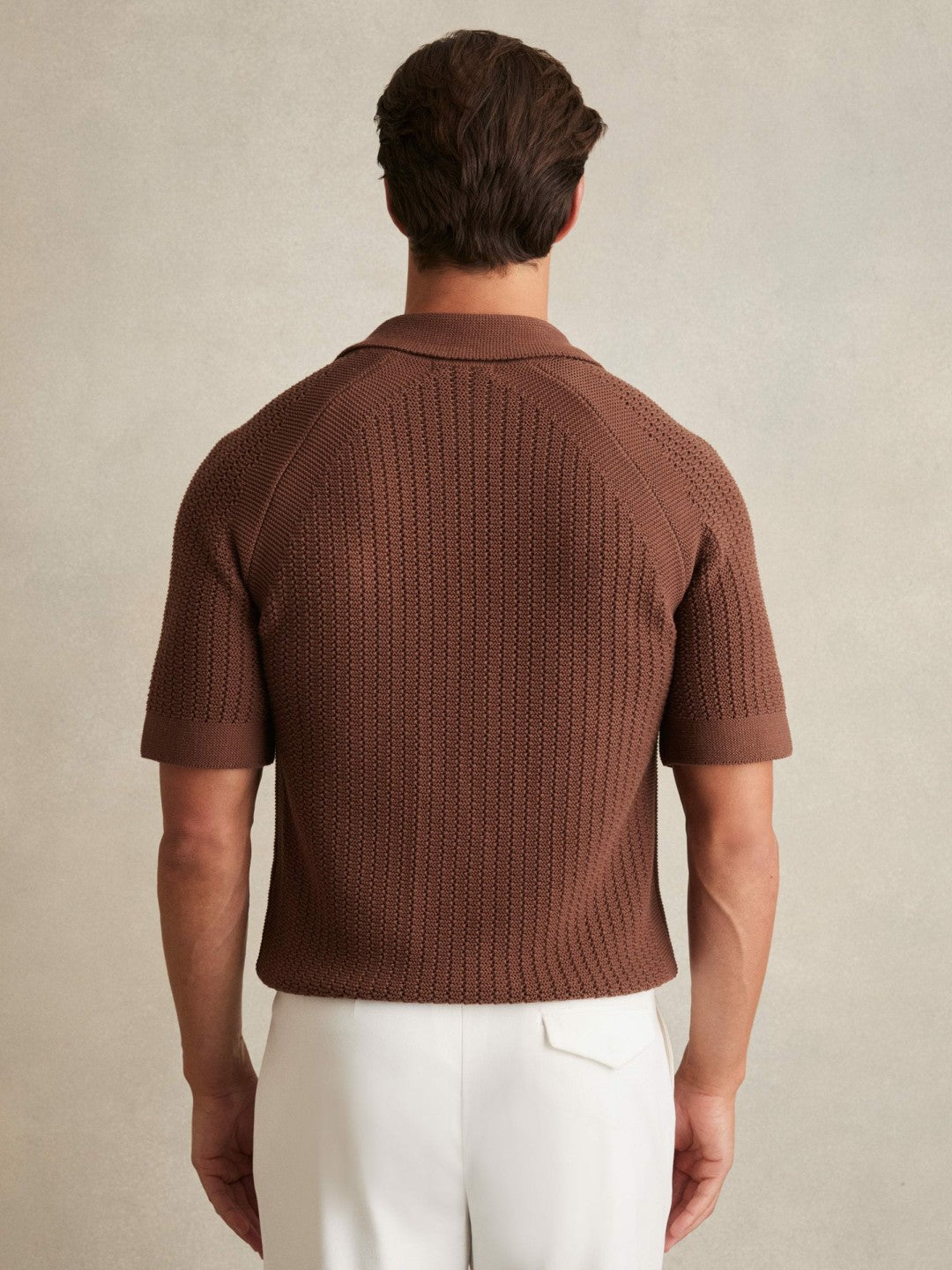 Cotton Textured-Knit Cuban-Collar Shirt in Tobacco Brown Men | Reiss