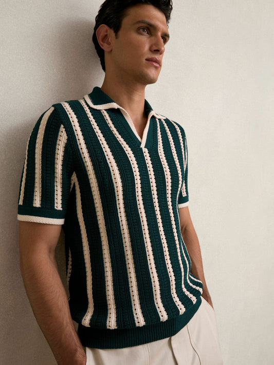 Cotton Blend Stripe Knit Polo Shirt in Dark Teal Green/Ecru Men | Reiss