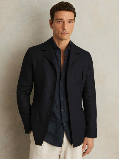 Wool-Blend Single-Breasted Blazer Slim-Fit in Navy Men | Reiss