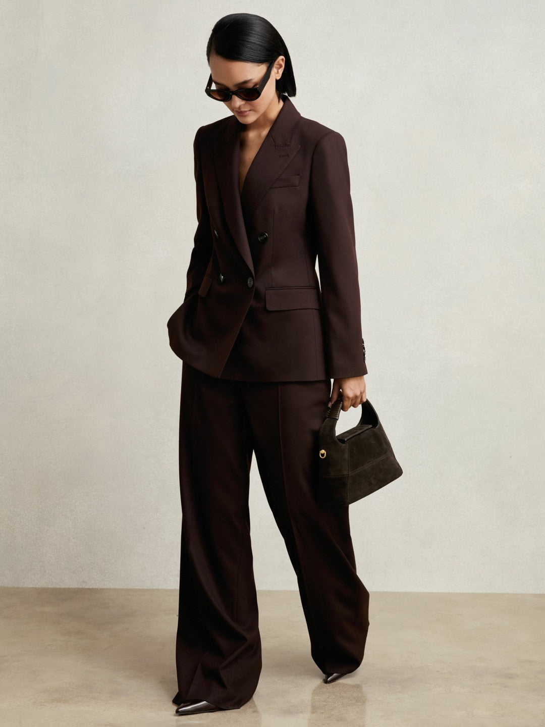 Petite Wool-Blend Double-Breasted Suit Blazer in Aubergine Women | Reiss