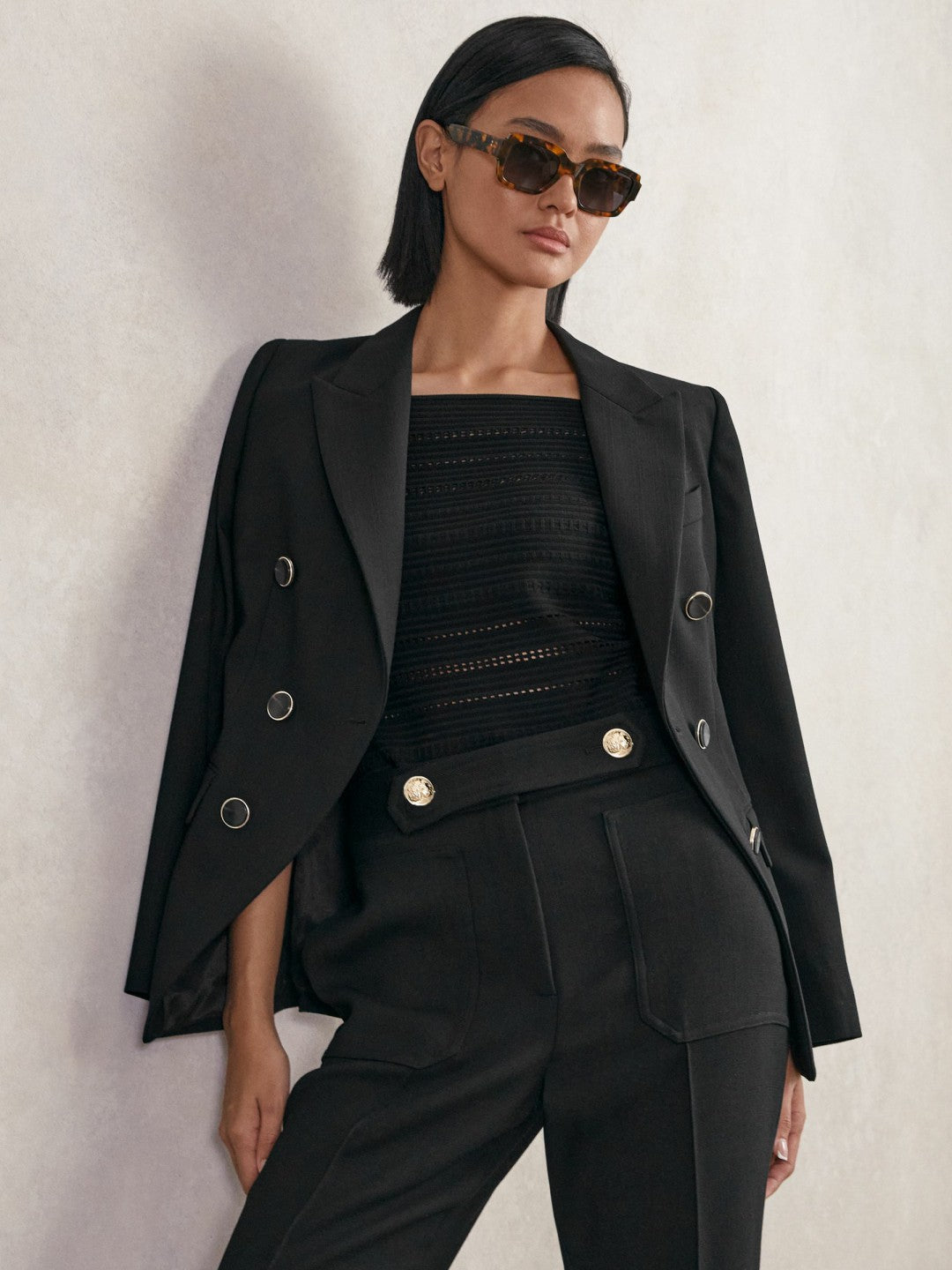 Petite Wool-Blend Double-Breasted Blazer in Black Women | Reiss
