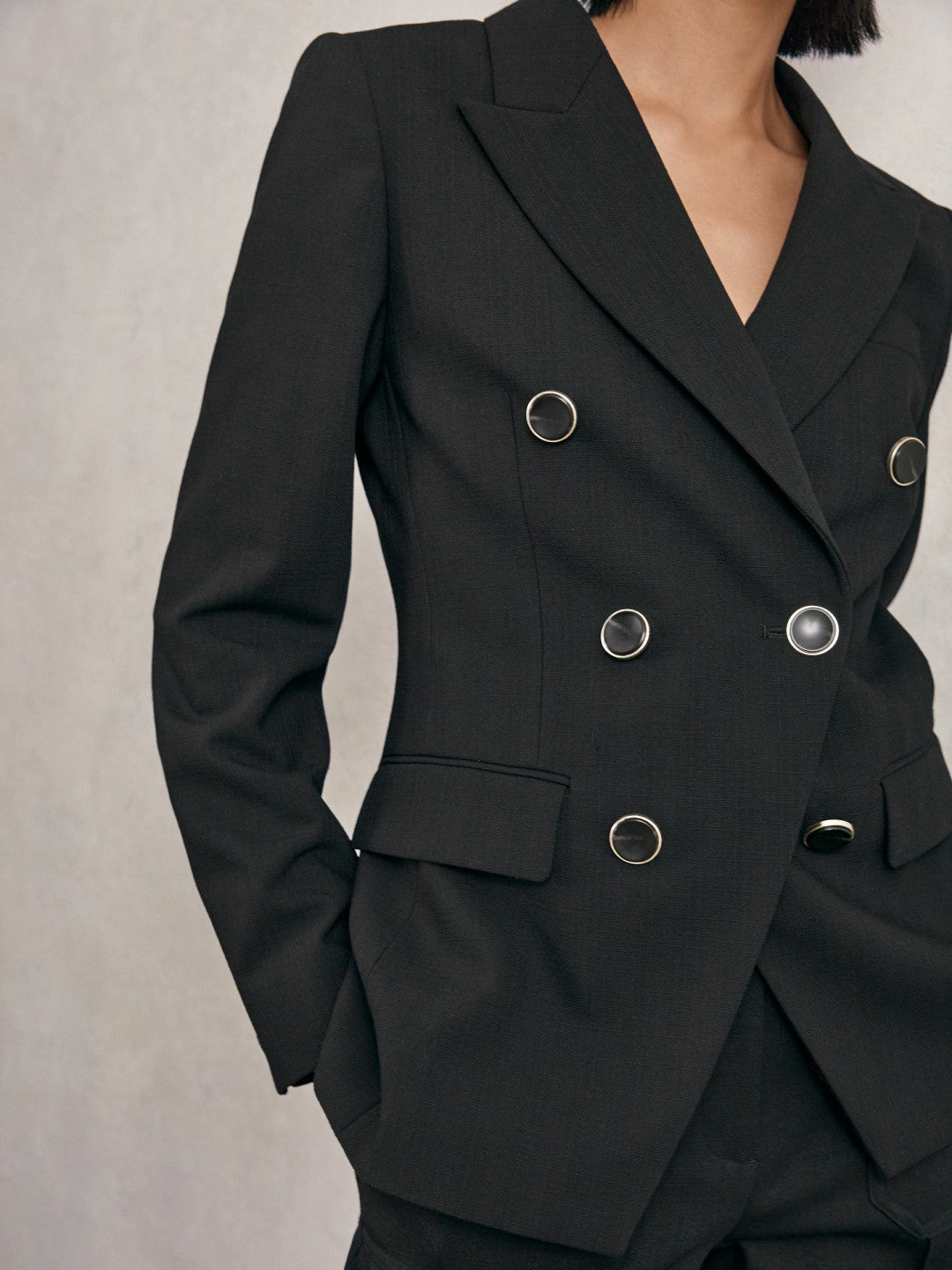 Petite Wool-Blend Double-Breasted Blazer in Black Women | Reiss