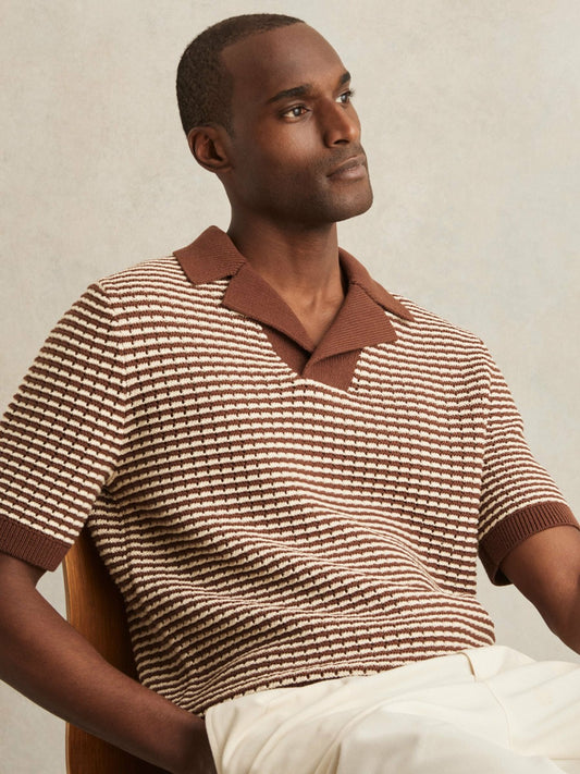 Cotton Textured Knit Stripe Polo Shirt in Tobacco Brown/ Off White Men | Reiss