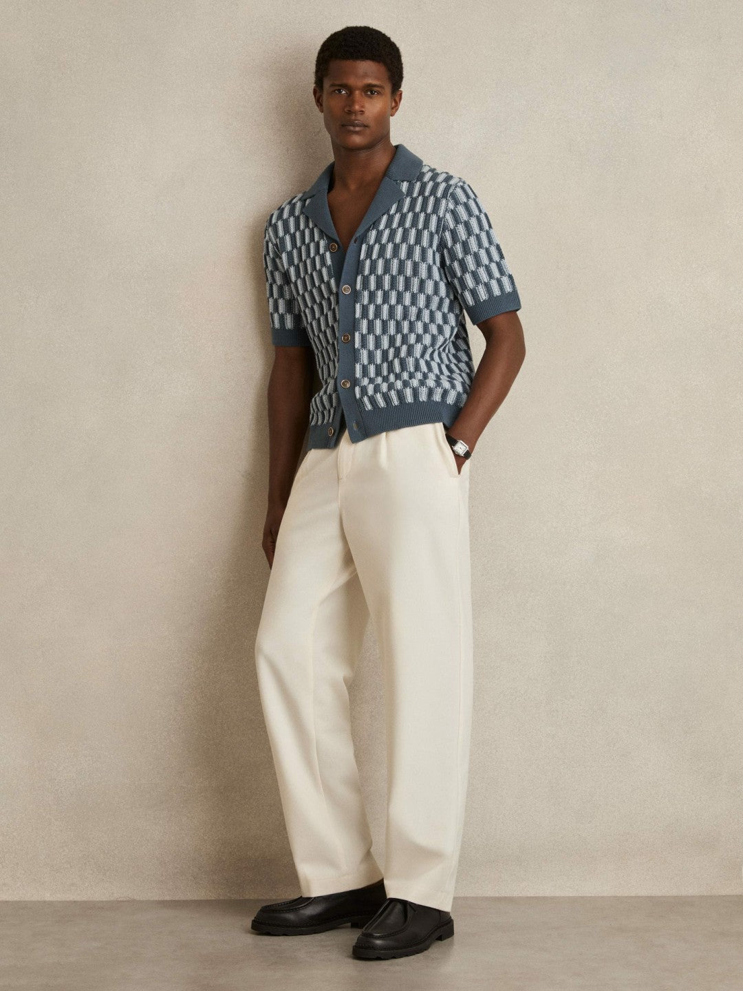 Cotton Checkerboard-Knit Shirt in Airforce Blue/Soft Blue Men | Reiss