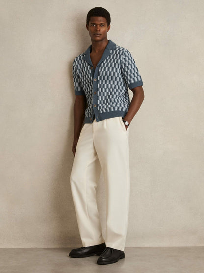 Cotton Checkerboard-Knit Shirt in Airforce Blue/Soft Blue Men | Reiss