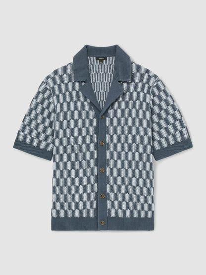Cotton Checkerboard-Knit Shirt in Airforce Blue/Soft Blue Men | Reiss