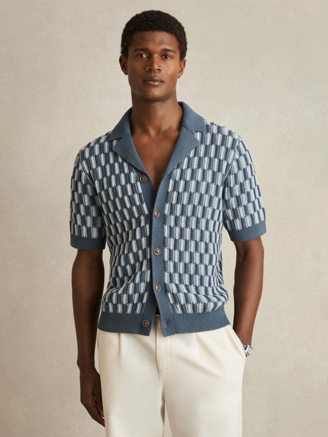 Cotton Checkerboard-Knit Shirt in Airforce Blue/Soft Blue Men | Reiss
