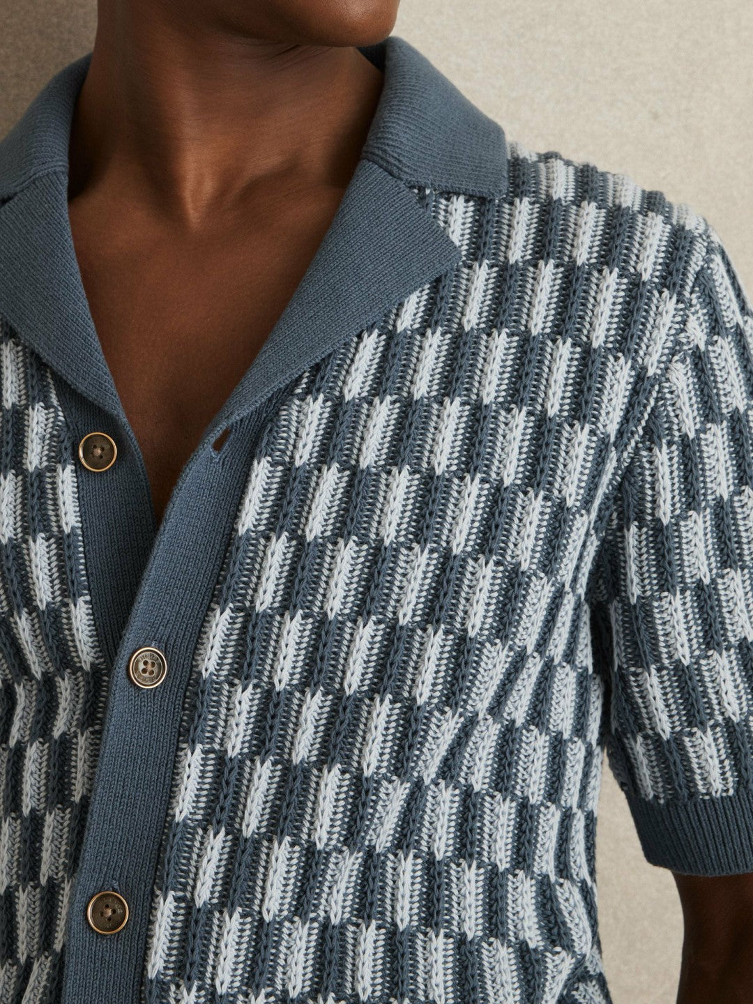 Cotton Checkerboard-Knit Shirt in Airforce Blue/Soft Blue Men | Reiss