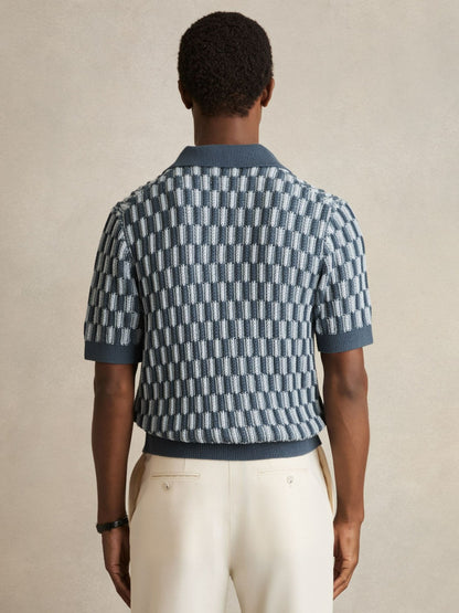Cotton Checkerboard-Knit Shirt in Airforce Blue/Soft Blue Men | Reiss