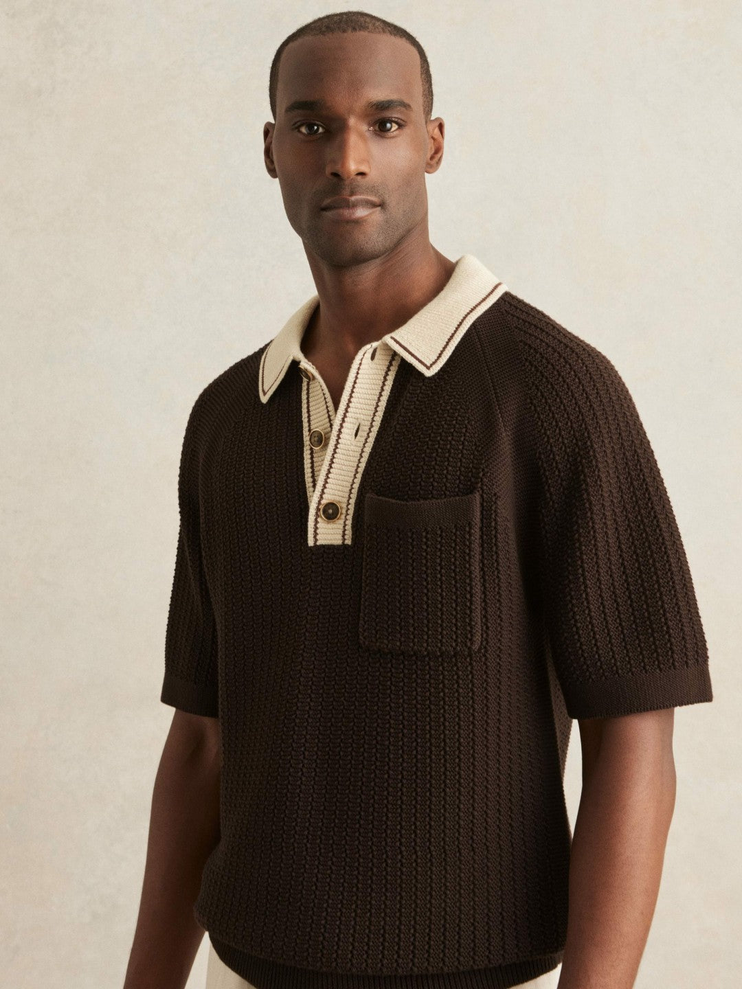 Cotton Textured Knit Contrast Polo Shirt in Dark Brown/Stone Men | Reiss