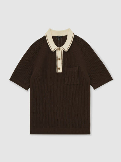 Cotton Textured Knit Contrast Polo Shirt in Dark Brown/Stone Men | Reiss