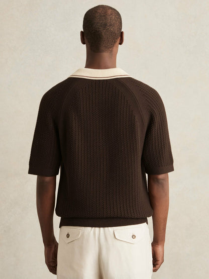 Cotton Textured Knit Contrast Polo Shirt in Dark Brown/Stone Men | Reiss