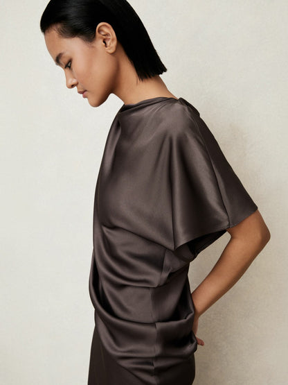 Satin Asymmetric Draped Midi Dress in Mauve Women | Reiss