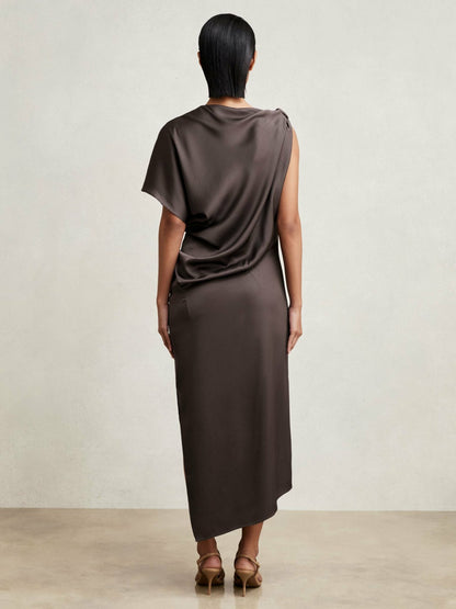 Satin Asymmetric Draped Midi Dress in Mauve Women | Reiss