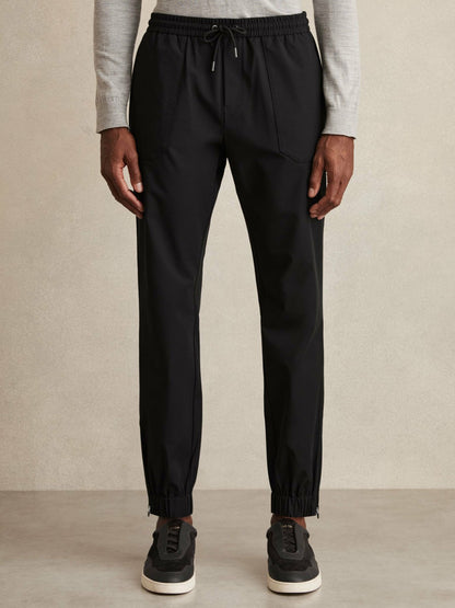 Drawstring Technical Cuffed Trousers in Black Men | Reiss
