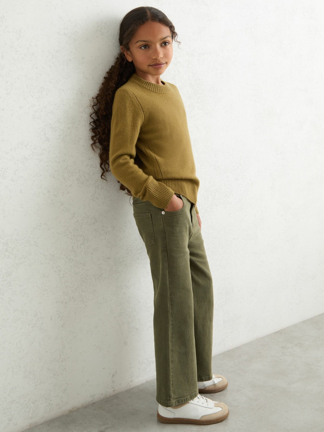 13-14 yrs Wool-Blend Open-Stitch Jumper with Cashmere in Khaki Green Children & Baby | Reiss