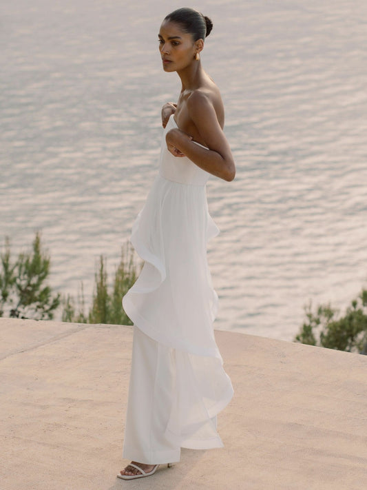 Silk Ruffle Bandeau Wide-Leg Jumpsuit in Ivory Women | Reiss