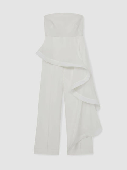 Silk Ruffle Bandeau Wide-Leg Jumpsuit in Ivory Women | Reiss
