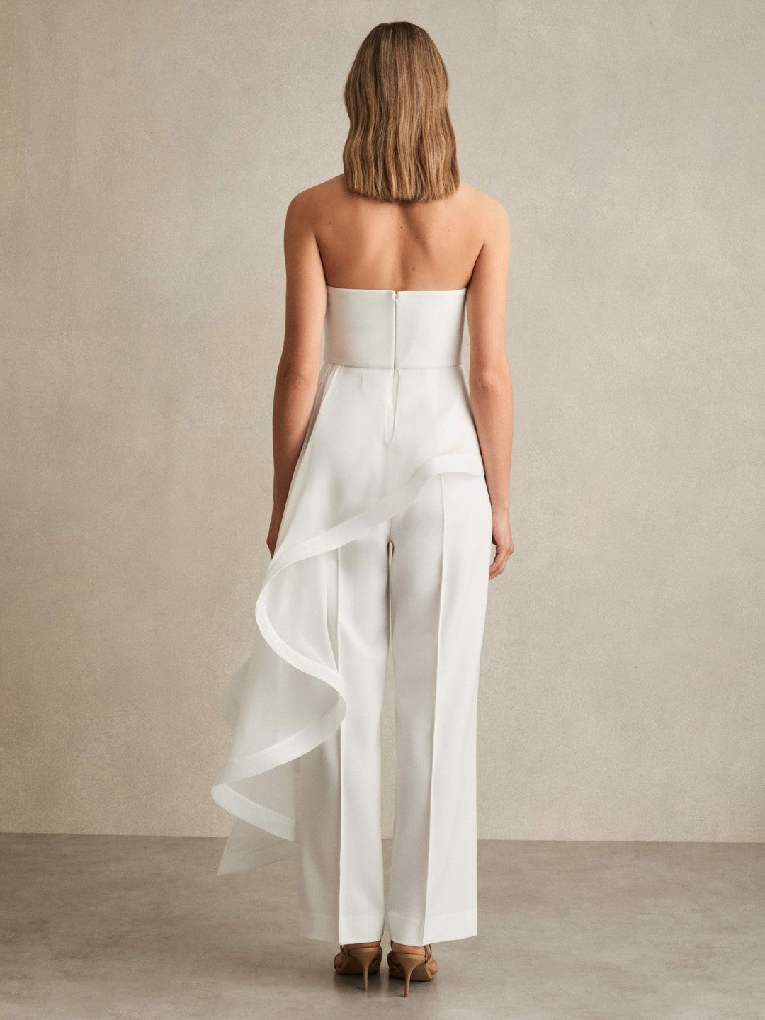 Silk Ruffle Bandeau Wide-Leg Jumpsuit in Ivory Women | Reiss