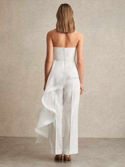 Silk Ruffle Bandeau Wide-Leg Jumpsuit in Ivory Women | Reiss