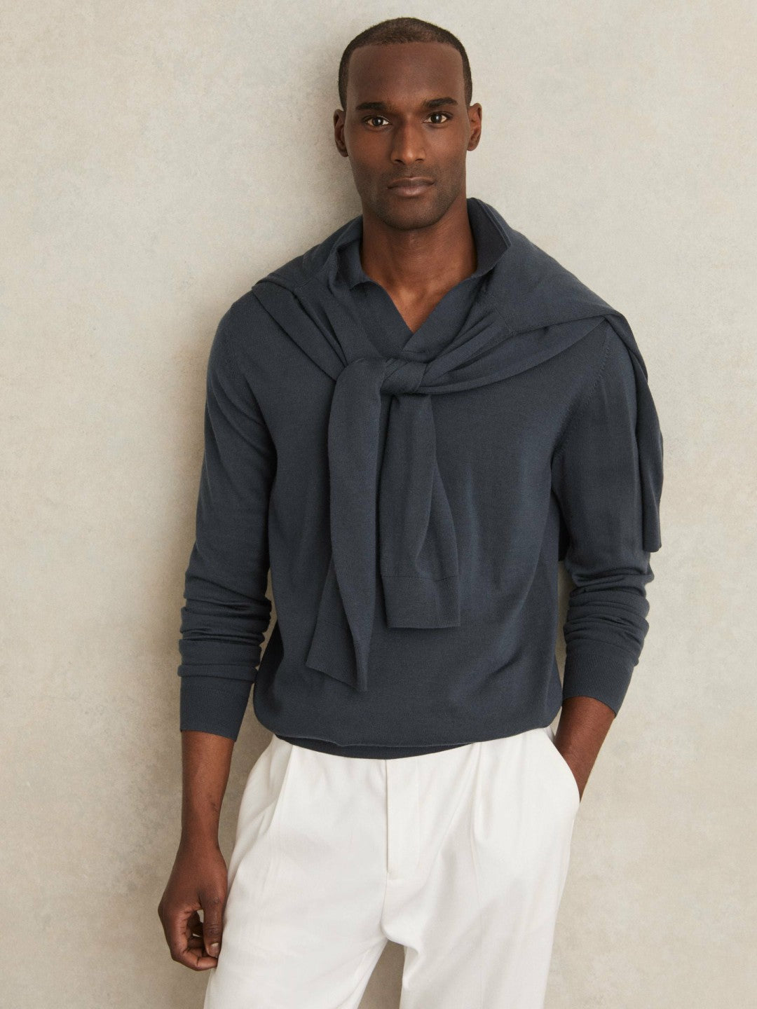 Merino Wool Open-Collar Polo Shirt in Midnight Navy Men | Reiss