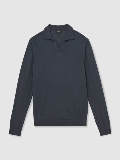 Merino Wool Open-Collar Polo Shirt in Midnight Navy Men | Reiss