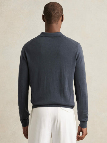 Merino Wool Open-Collar Polo Shirt in Midnight Navy Men | Reiss