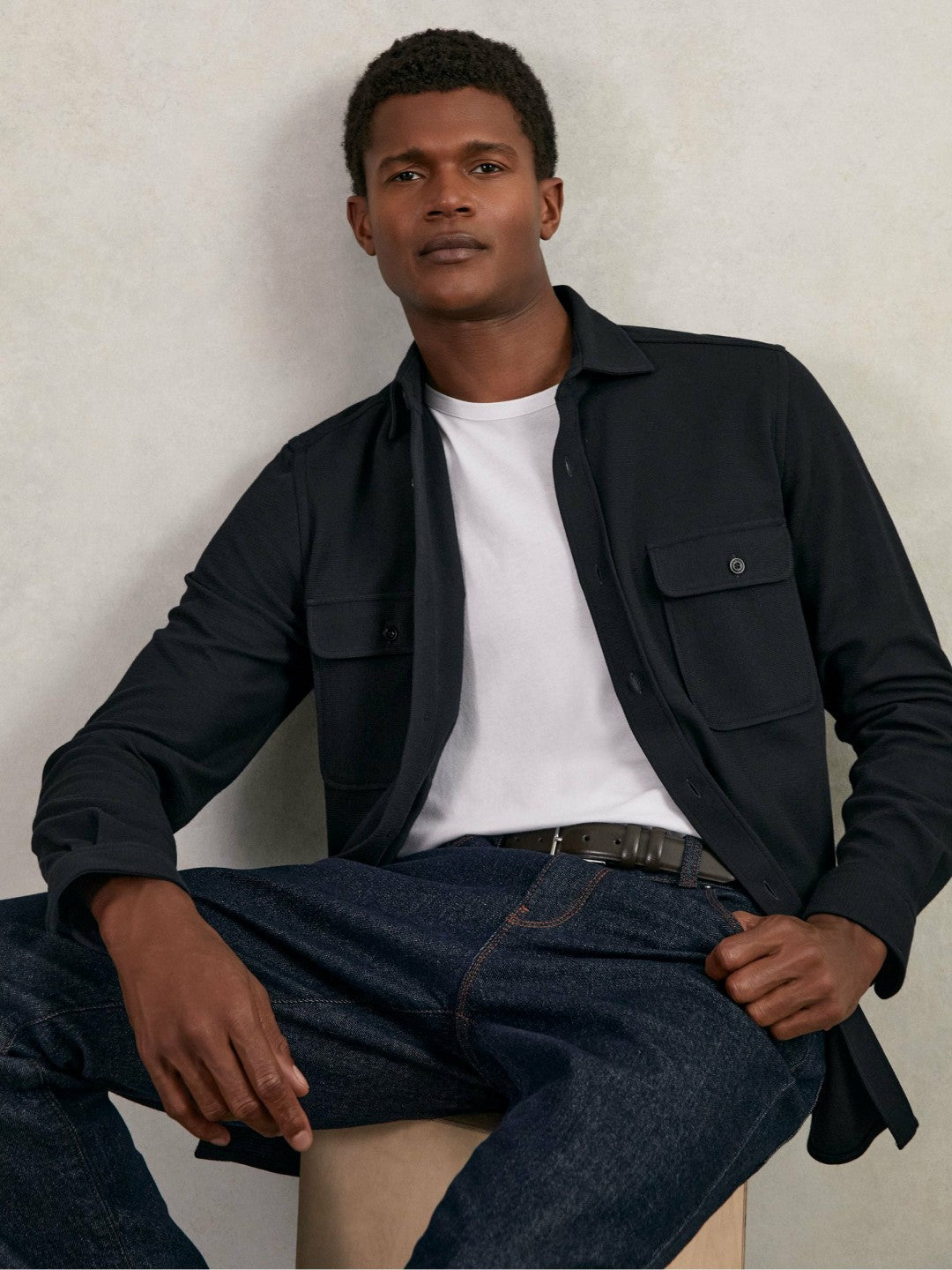 Textured Twin Pocket Cotton Blend Overshirt in Navy Men | Reiss