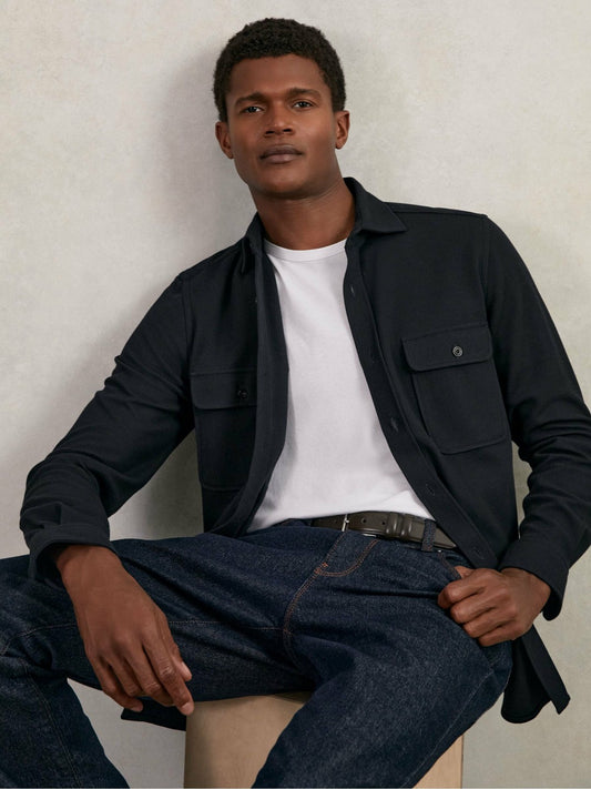 Textured Twin Pocket Cotton Blend Overshirt in Navy Men | Reiss