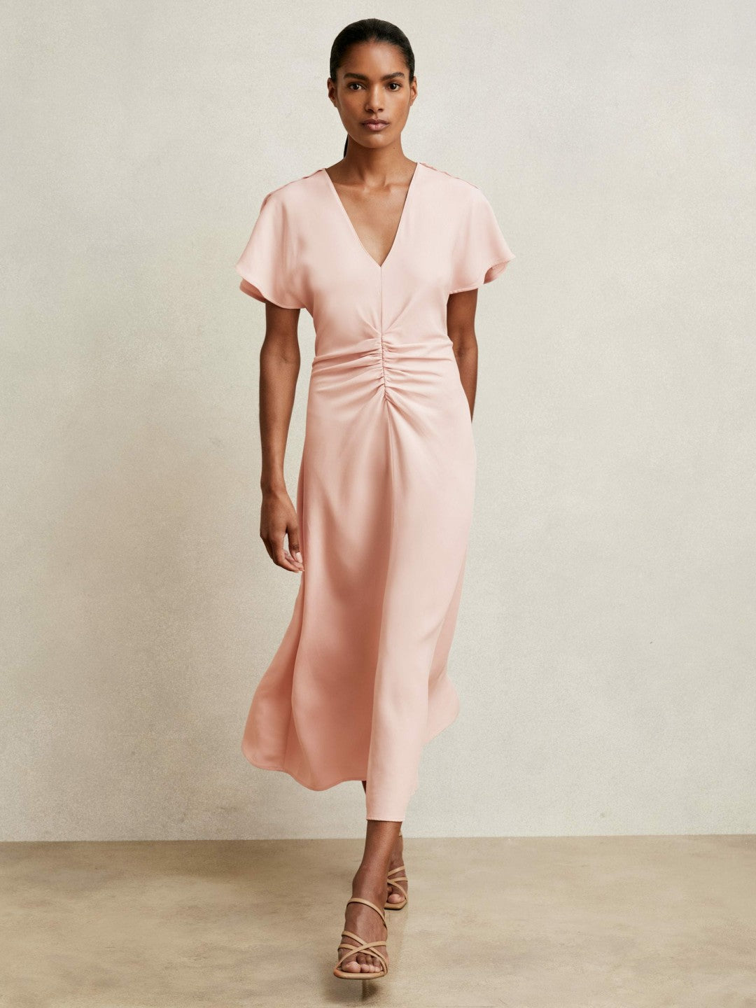 Ruched-Front Midi Dress in Pale Pink Women | Reiss