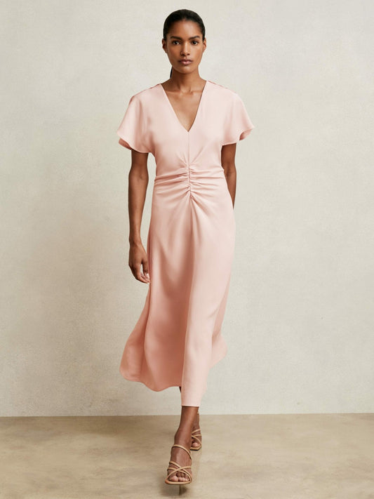 Ruched-Front Midi Dress in Pale Pink Women | Reiss