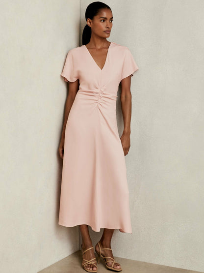 Ruched-Front Midi Dress in Pale Pink Women | Reiss