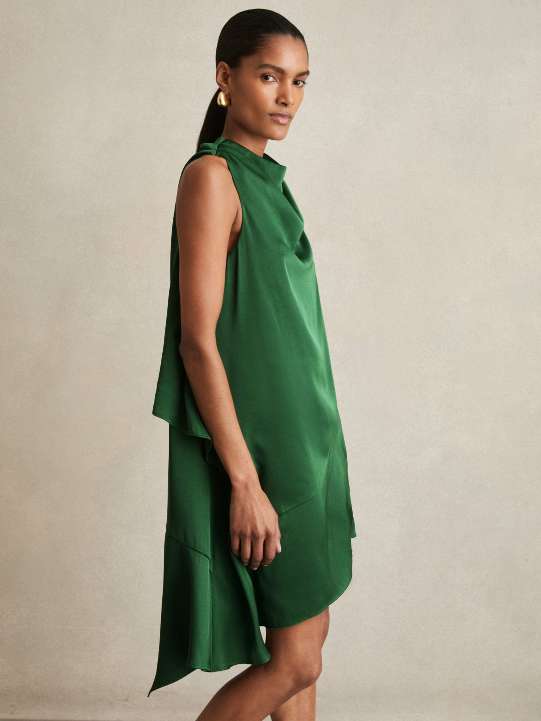 Satin Drape-Neck Layered Dress in Green Women | Reiss