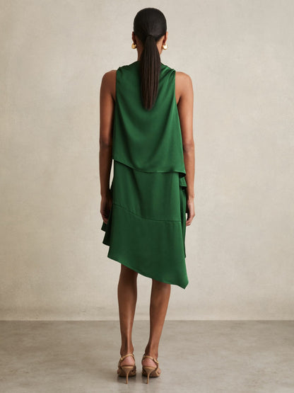 Satin Drape-Neck Layered Dress in Green Women | Reiss