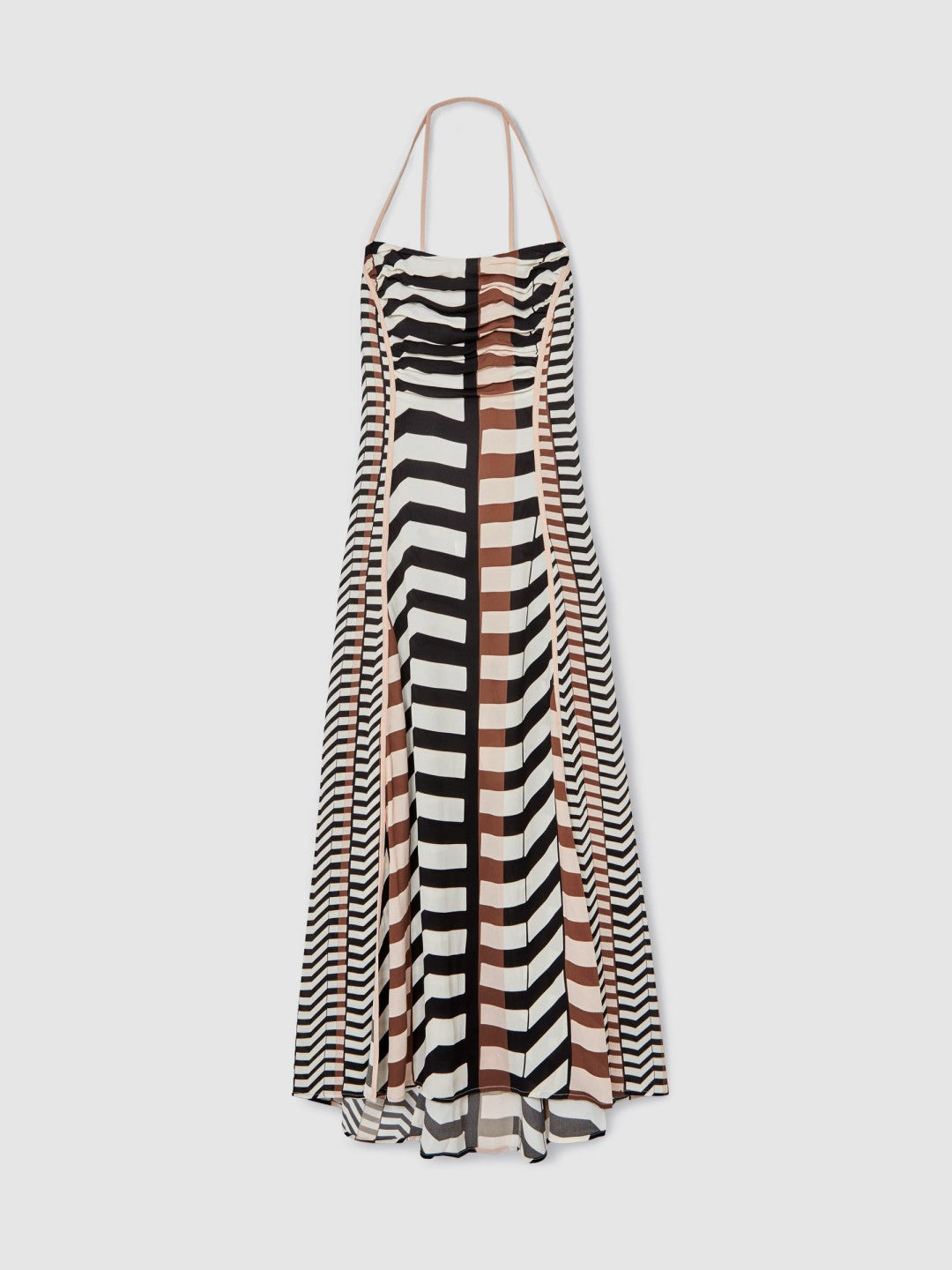 Chevron-Stripe Ruched Midi Dress in Black/Brown Women | Reiss