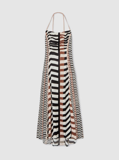 Chevron-Stripe Ruched Midi Dress in Black/Brown Women | Reiss