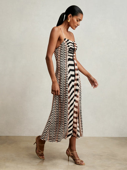 Chevron-Stripe Ruched Midi Dress in Black/Brown Women | Reiss