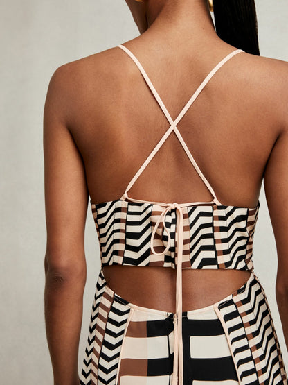 Chevron-Stripe Ruched Midi Dress in Black/Brown Women | Reiss