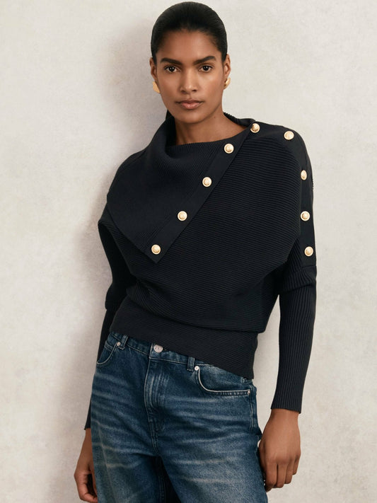 Rib-Knit Button Shawl Jumper in Navy Women | Reiss