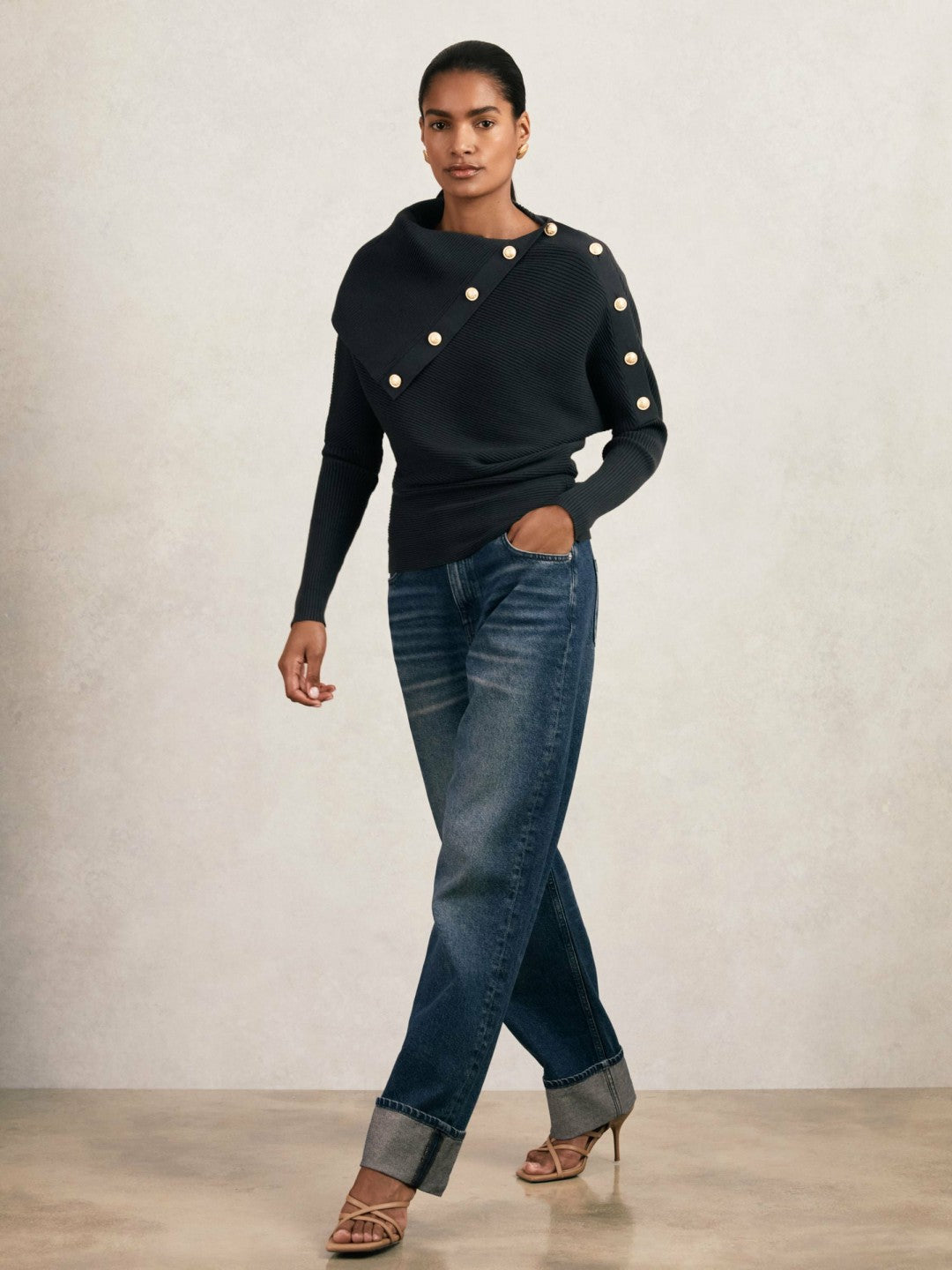 Rib-Knit Button Shawl Jumper in Navy Women | Reiss