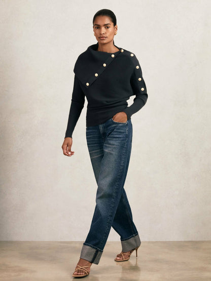 Rib-Knit Button Shawl Jumper in Navy Women | Reiss